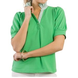 Umgee green Puff Sleeve Blouse Ruffled High Neck Collar Top in Apple Green